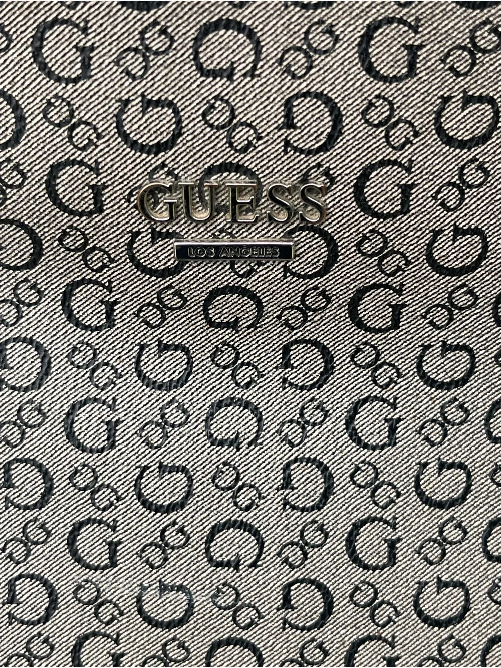 GUESS Beige Monogram Satchel with Black Braided Handles